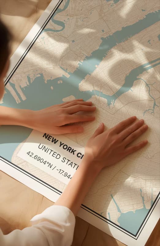Woman from behind touching a map of New York